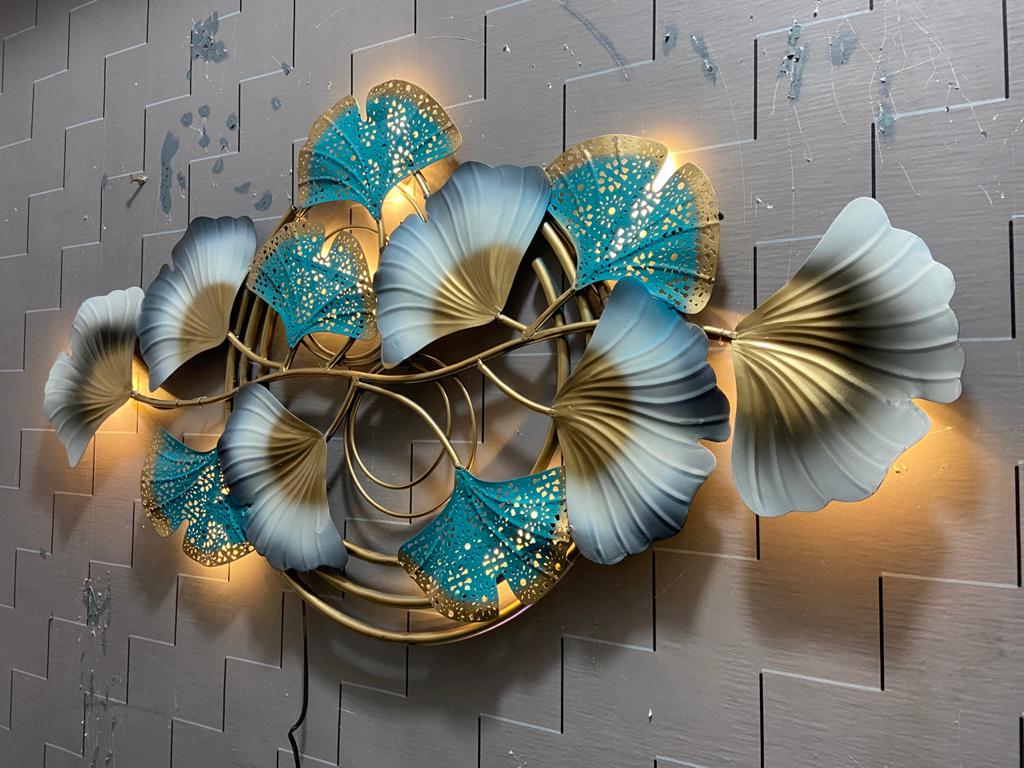 Azure Bloom – Luxury Metal Leaf Wall Art with LED Backlight
